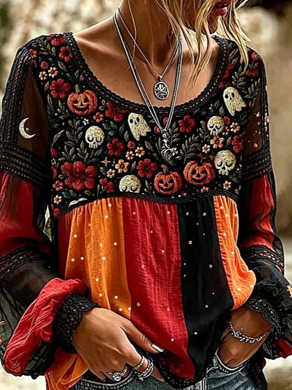 Women Floral Casual Blouse Crew Neck Long Sleeve Printing Top