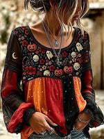 Women Floral Casual Blouse Crew Neck Long Sleeve Printing Top