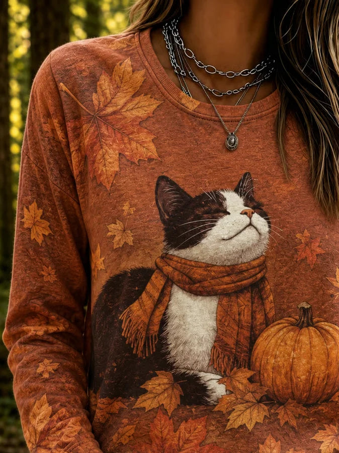 Casual Cat Crew Neck Long Sleeve T-shirt