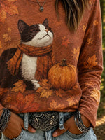Casual Cat Crew Neck Long Sleeve T-shirt