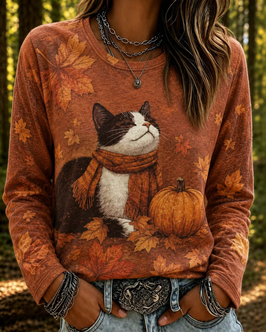 Casual Cat Crew Neck Long Sleeve T-shirt
