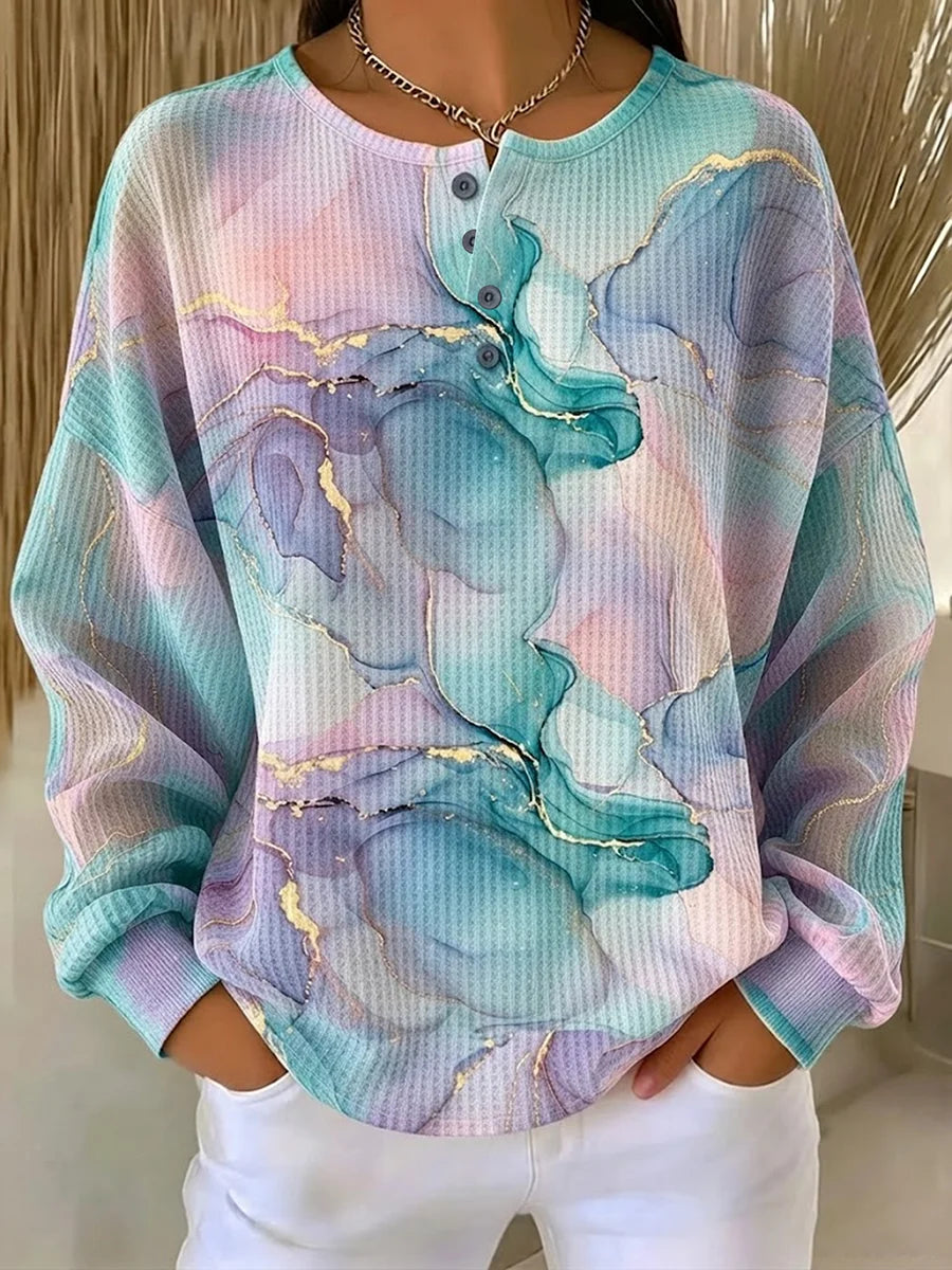 Marble Ink Wash Gold Line Print Waffle Knit Henley Sweatshirt
