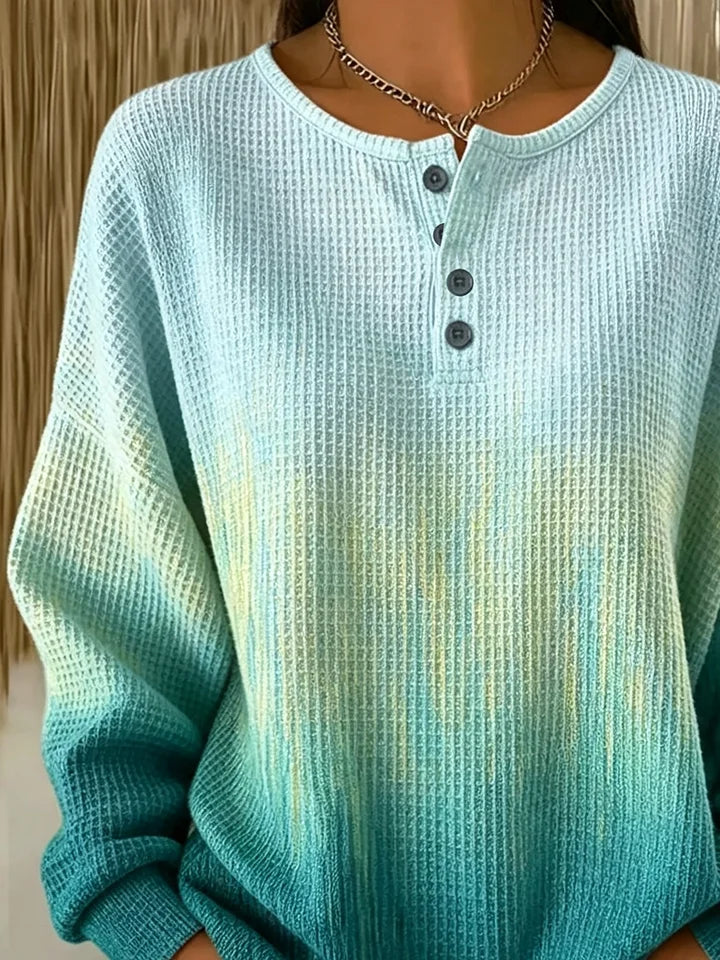 Gradient Dip?Dye Waffle Knit Henley Crew Neck Long Sleeve Sweatshirt