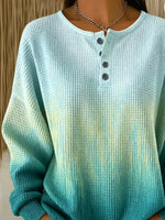 Gradient Dip?Dye Waffle Knit Henley Crew Neck Long Sleeve Sweatshirt