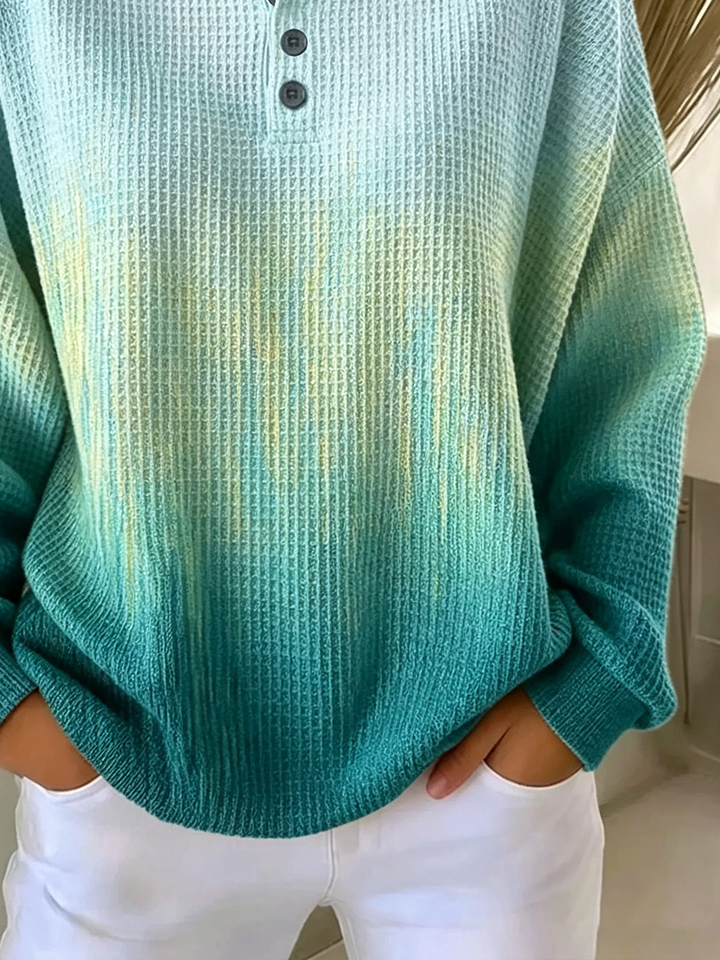 Gradient Dip?Dye Waffle Knit Henley Crew Neck Long Sleeve Sweatshirt