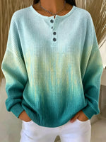 Gradient Dip?Dye Waffle Knit Henley Crew Neck Long Sleeve Sweatshirt