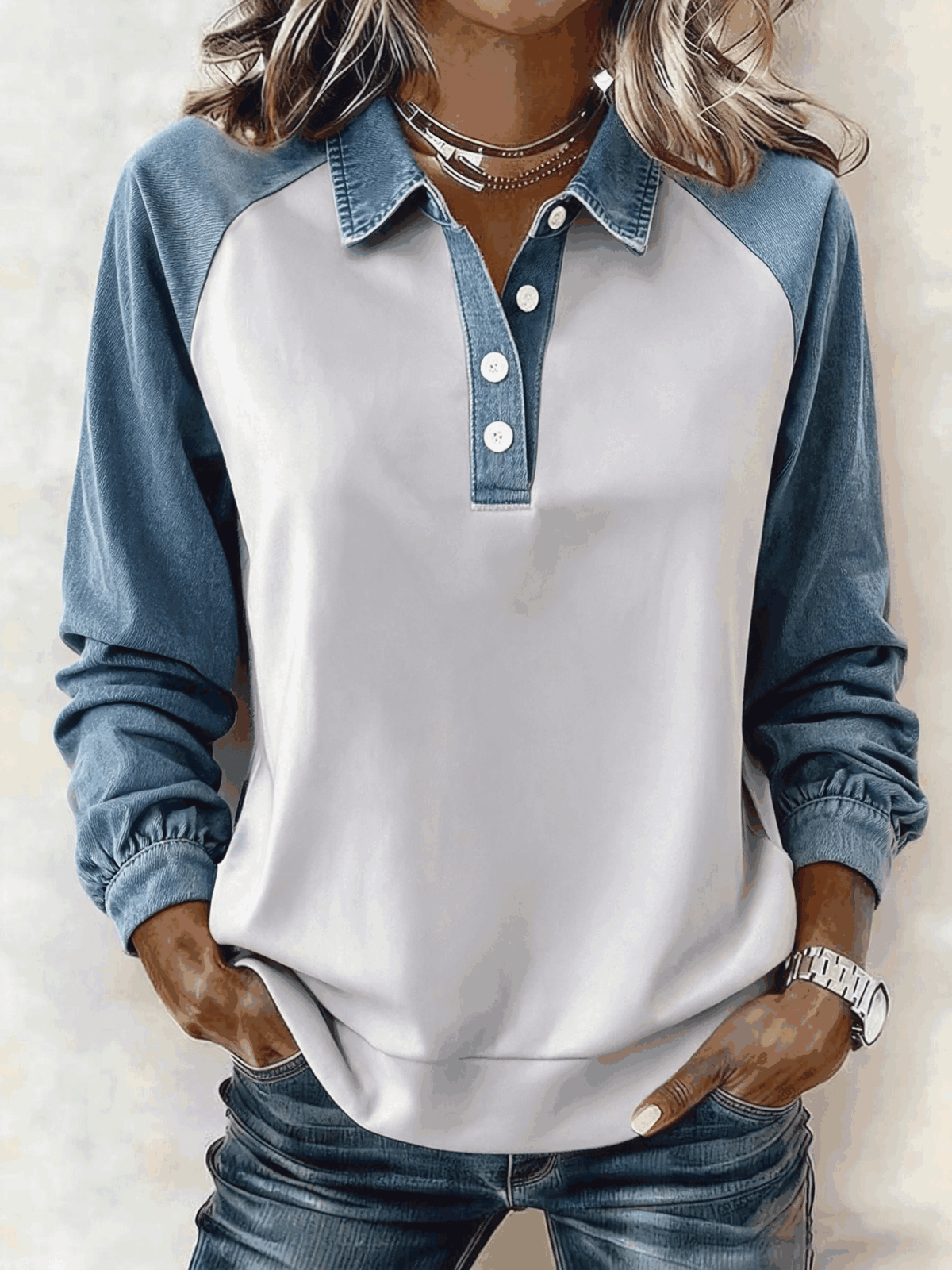Casual Contrast Stitching Shirt Collar Long Sleeve Sweatshirt