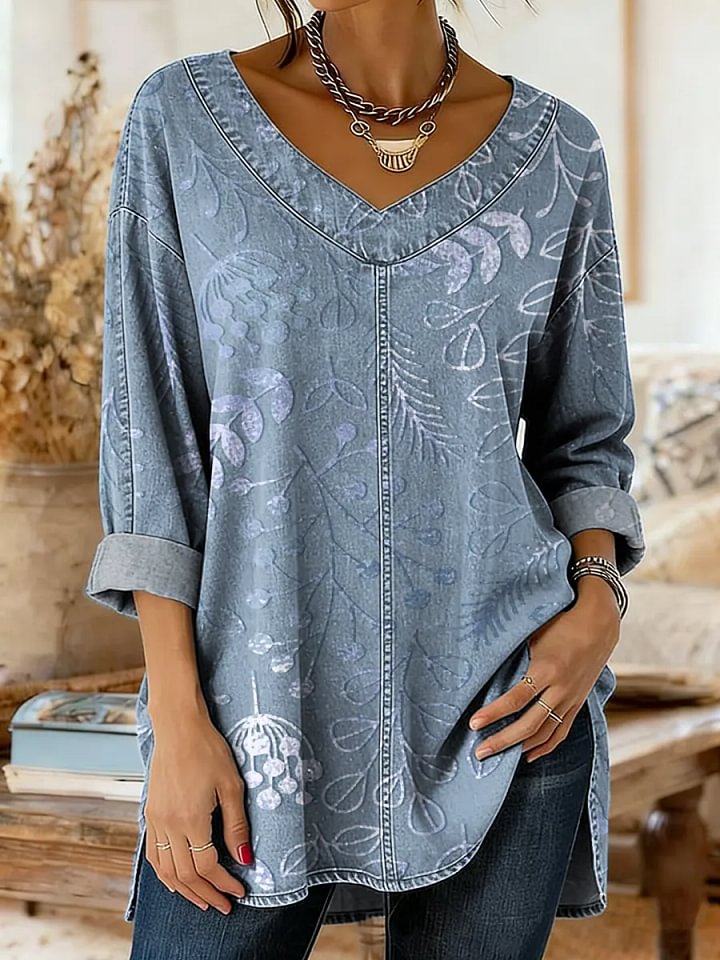 Women's Floral Art Print Casual Washed Denim Cotton Top