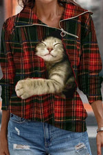 Women's Graphic Tops Lapel Long Sleeve Cat Printed with Zipper Plaid Sweatshirt