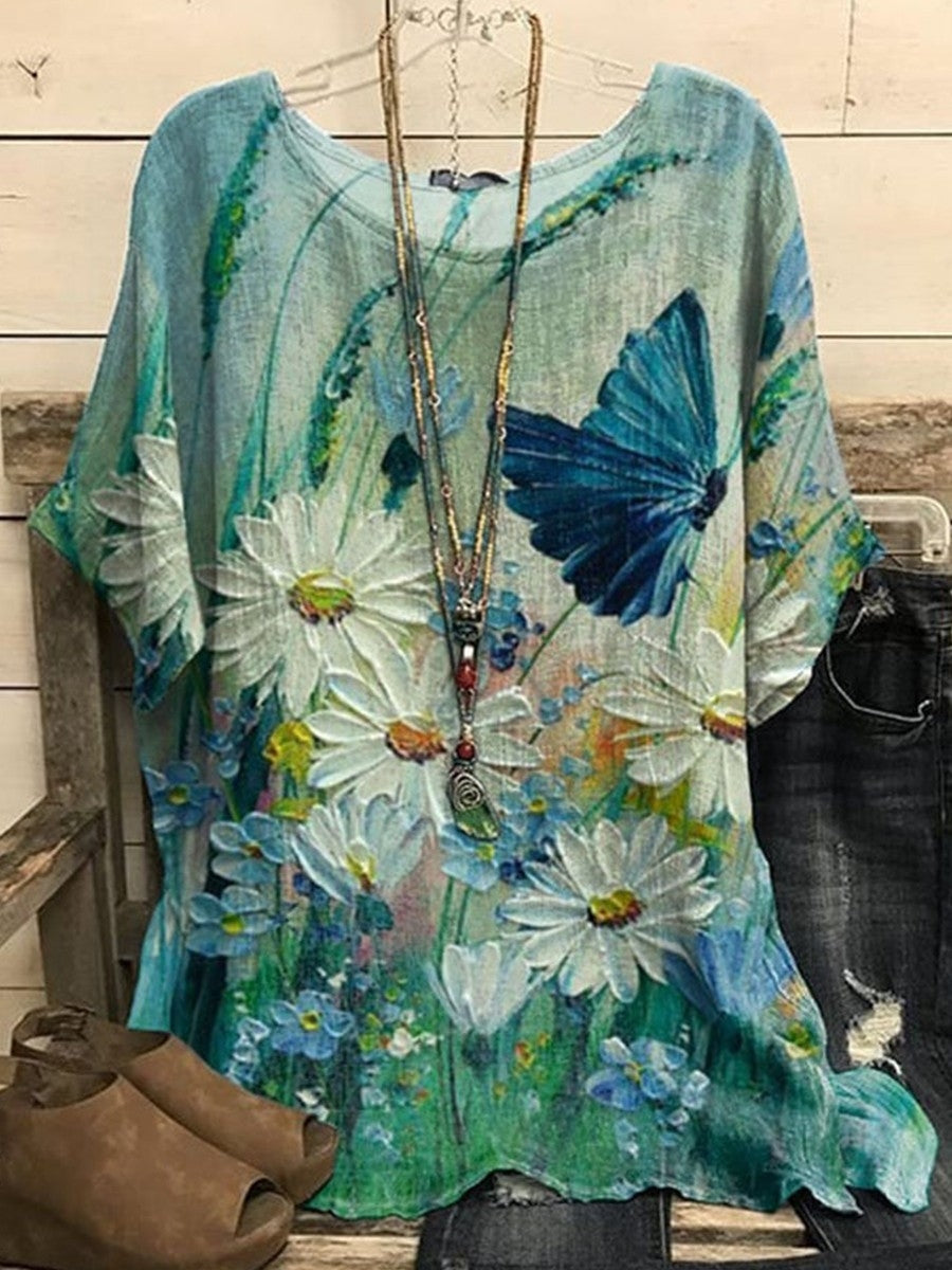 Oil Painting Flowers Print Crew Neck Short Sleeve Loose Blouse