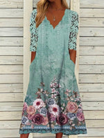 Green Floral Printed Casual V-neck Hollow Out Half Sleeve Midi Dresses
