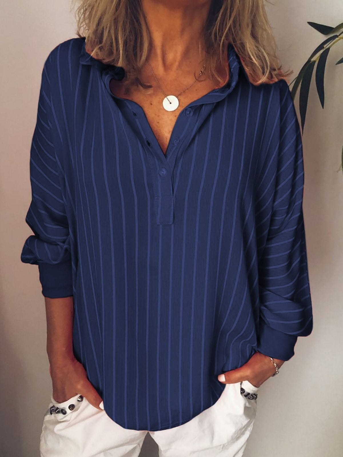 Casual Long Sleeve Stripe Collared Buttons Shirts