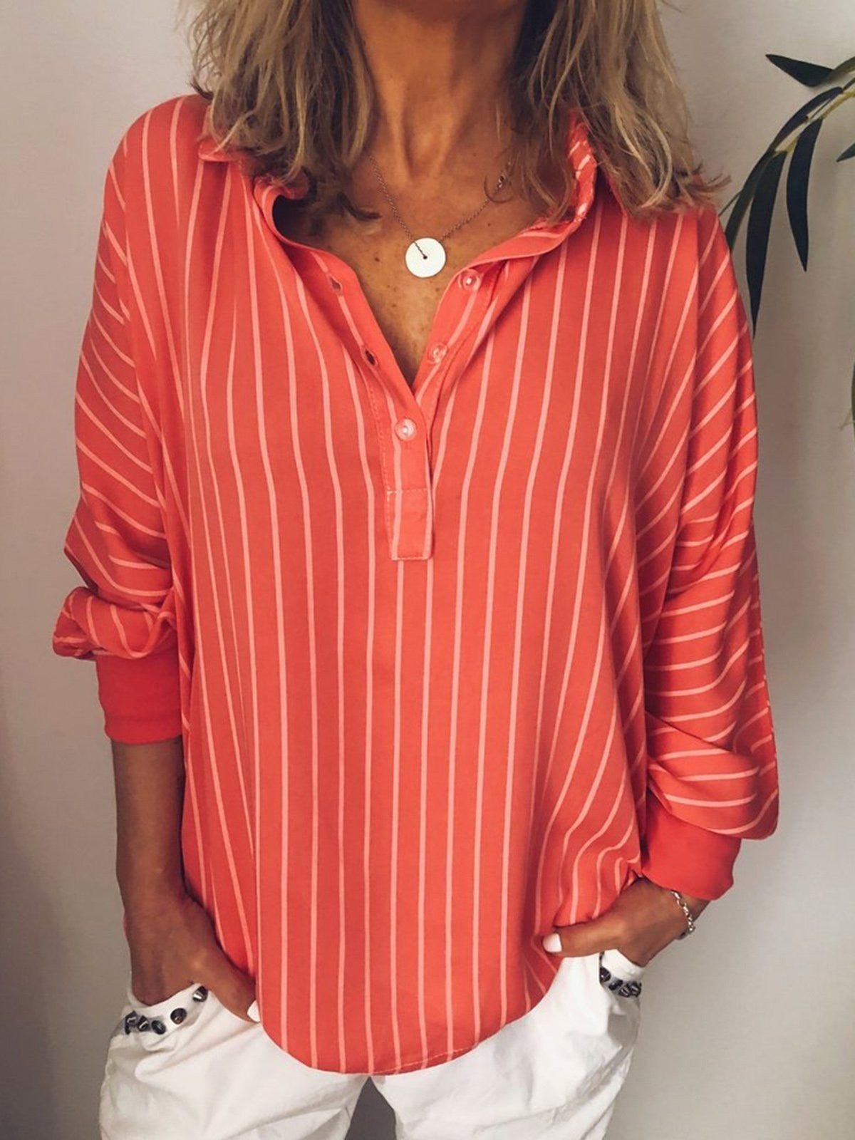 Casual Long Sleeve Stripe Collared Buttons Shirts