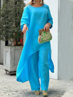 Blue Round Neck Solid Casual Two Piece Sets
