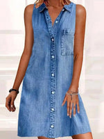 Washed Denim Button Front Sleeveless Mini Dress