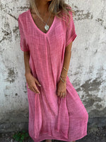 Women's Casual Cotton Linen wi Button Down 1/2 Long Sleeve Lapel V Neck Summer Midi Dresses