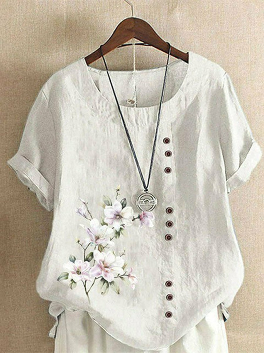 Floral Embroidery Round Neck Short Sleeves T-shirt