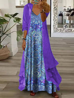 Floral Half Sleeve V-Neck Two Pieces Maxi Dress