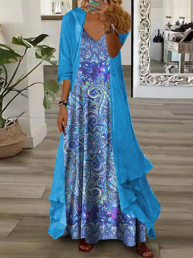 Floral Half Sleeve V-Neck Two Pieces Maxi Dress