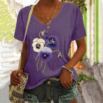 Casual Purple Floral Printed V Neck T-Shirt