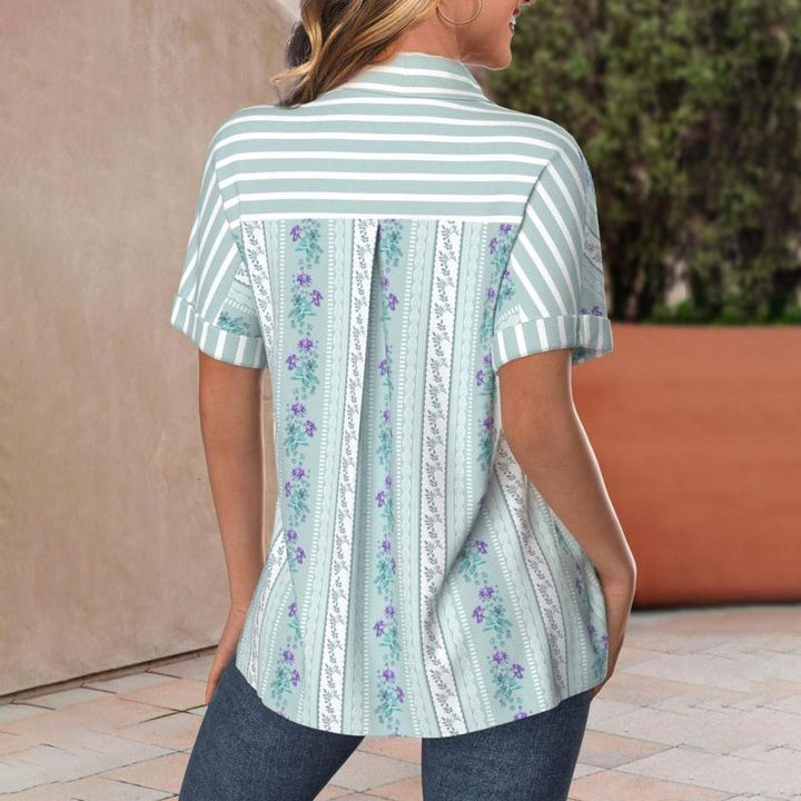 V-neck Floral Print Striped Short Sleeve Blouse