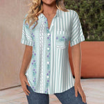 V-neck Floral Print Striped Short Sleeve Blouse