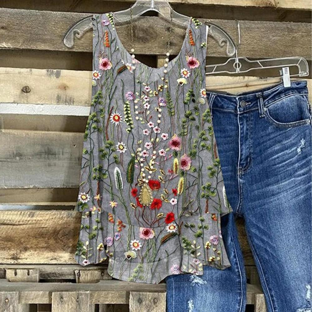 Grey Floral Print Strap Round Neck Tank Top