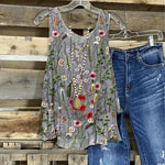 Grey Floral Print Strap Round Neck Tank Top