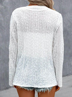 3/4 Sleeves Solid Embroidered Hollow Casual Loose Top
