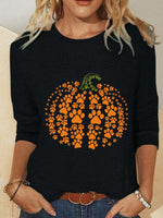 Halloween Pumpkin Print Crew Neck Long Sleeve Blouse