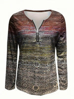 Geometric Zipper V-Neck Long Sleeve Blouse