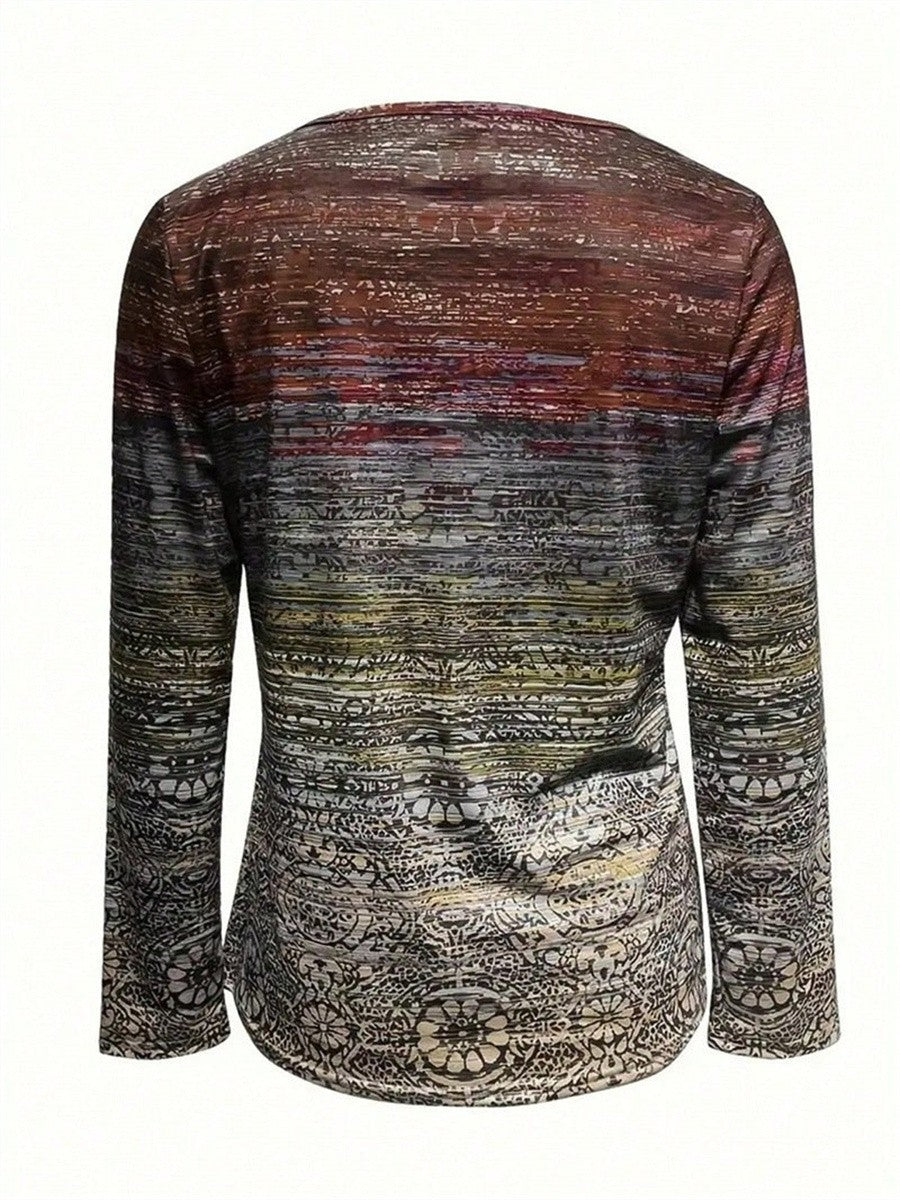Geometric Zipper V-Neck Long Sleeve Blouse