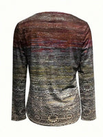 Geometric Zipper V-Neck Long Sleeve Blouse
