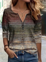 Geometric Zipper V-Neck Long Sleeve Blouse