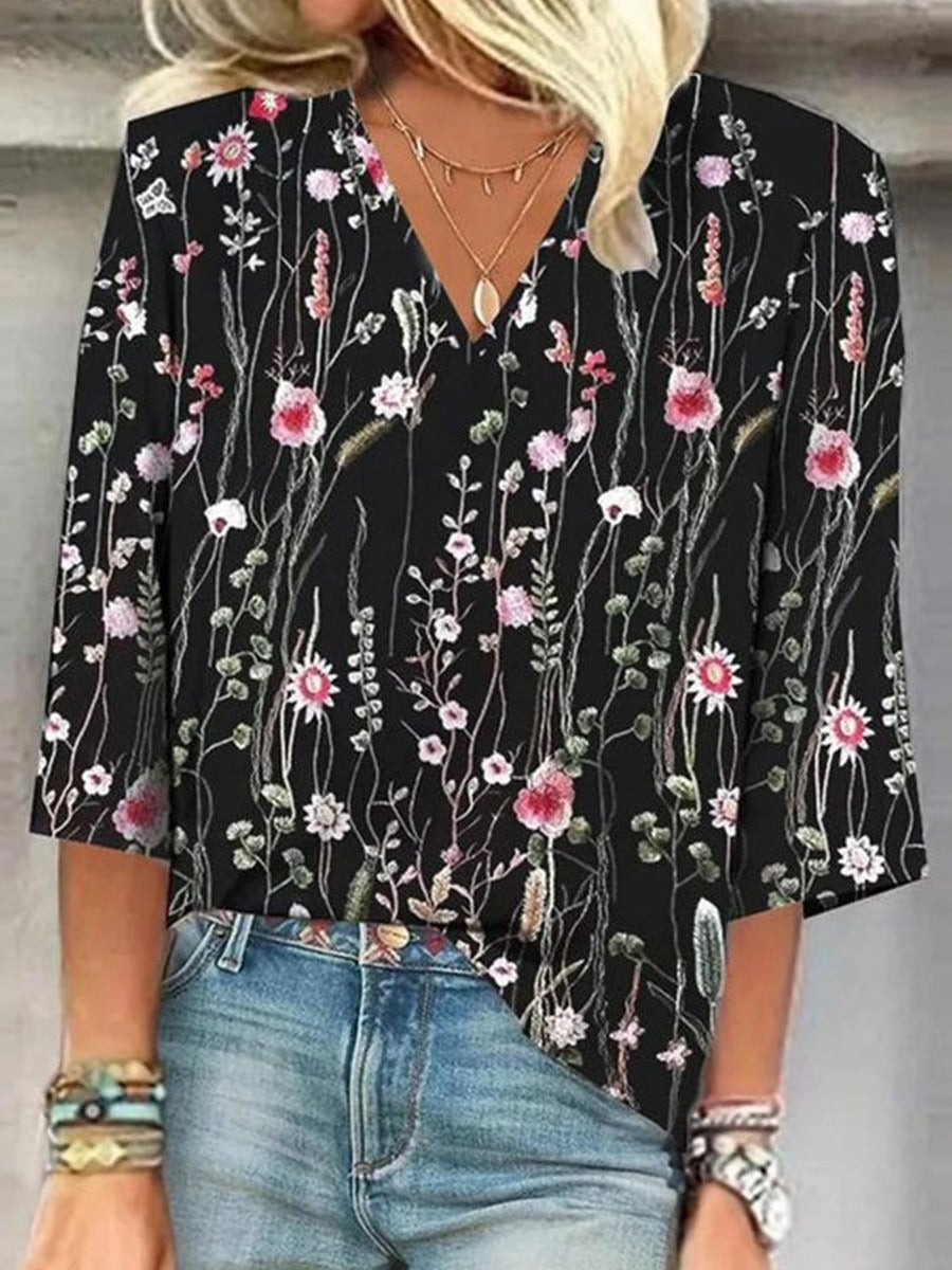 Black Vintage Floral 3/4 Sleeves Blouse