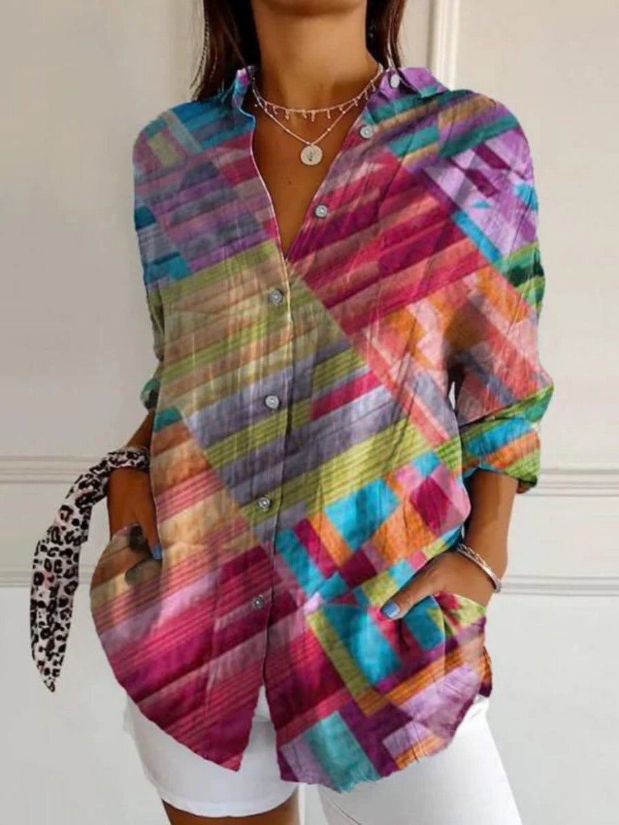 Geometric Print Shirt Collar Long Sleeve Colorful Blouse