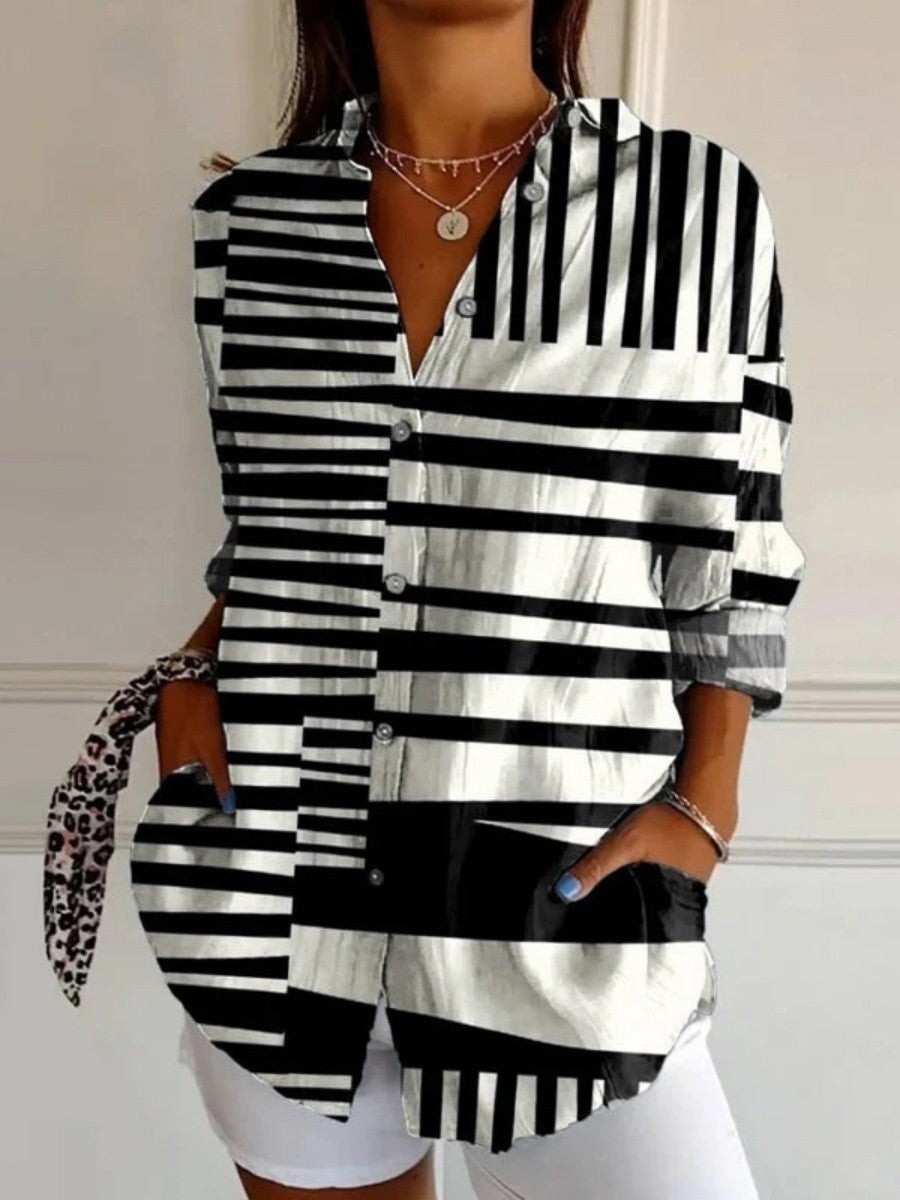 Casual Striped Lapel Long Sleeve Blouse