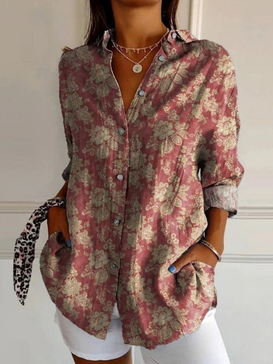 Floral Lapel Long Sleeve Comfy Blouse