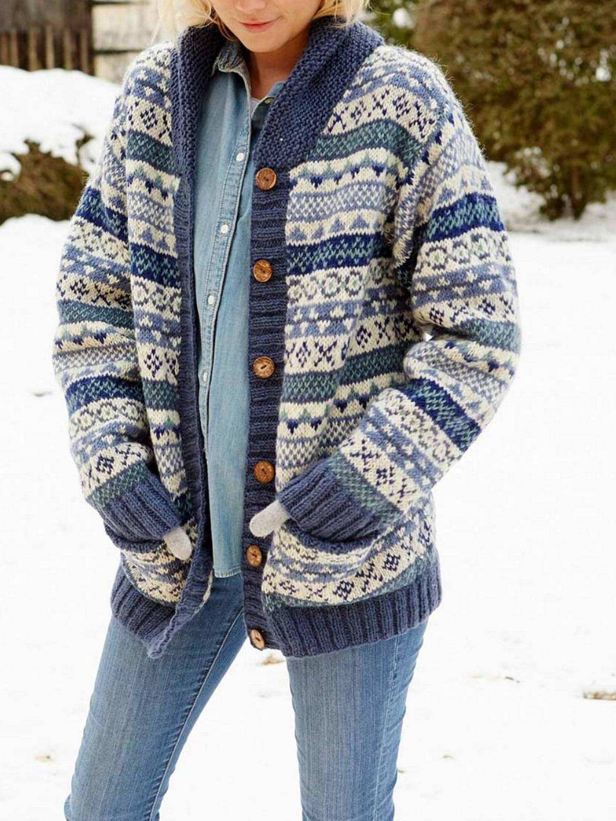 Hand Knitted Shawl Collar Fair Isle Cardigan