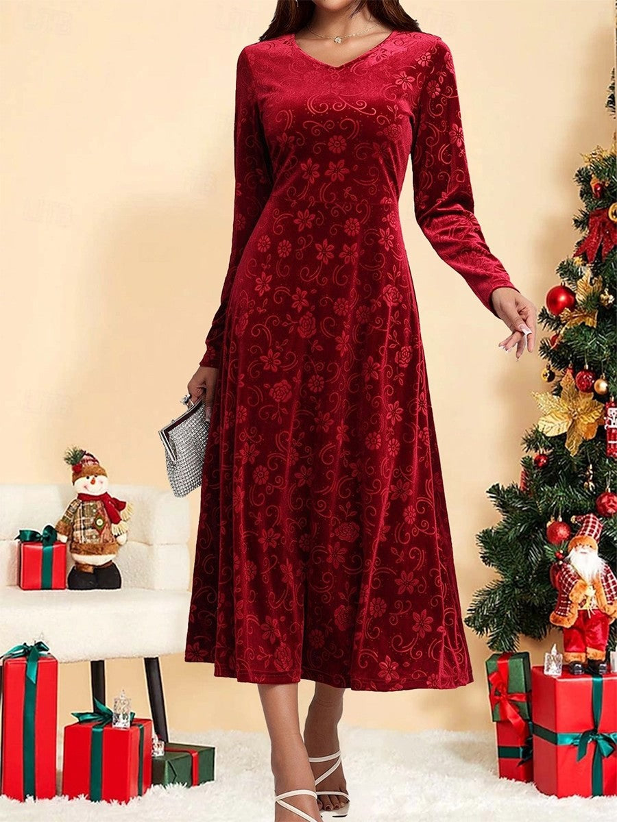 Holiday Women's Long Sleeve Spring/Fall Red Plain V Neck Casual Maxi H-Line Dress