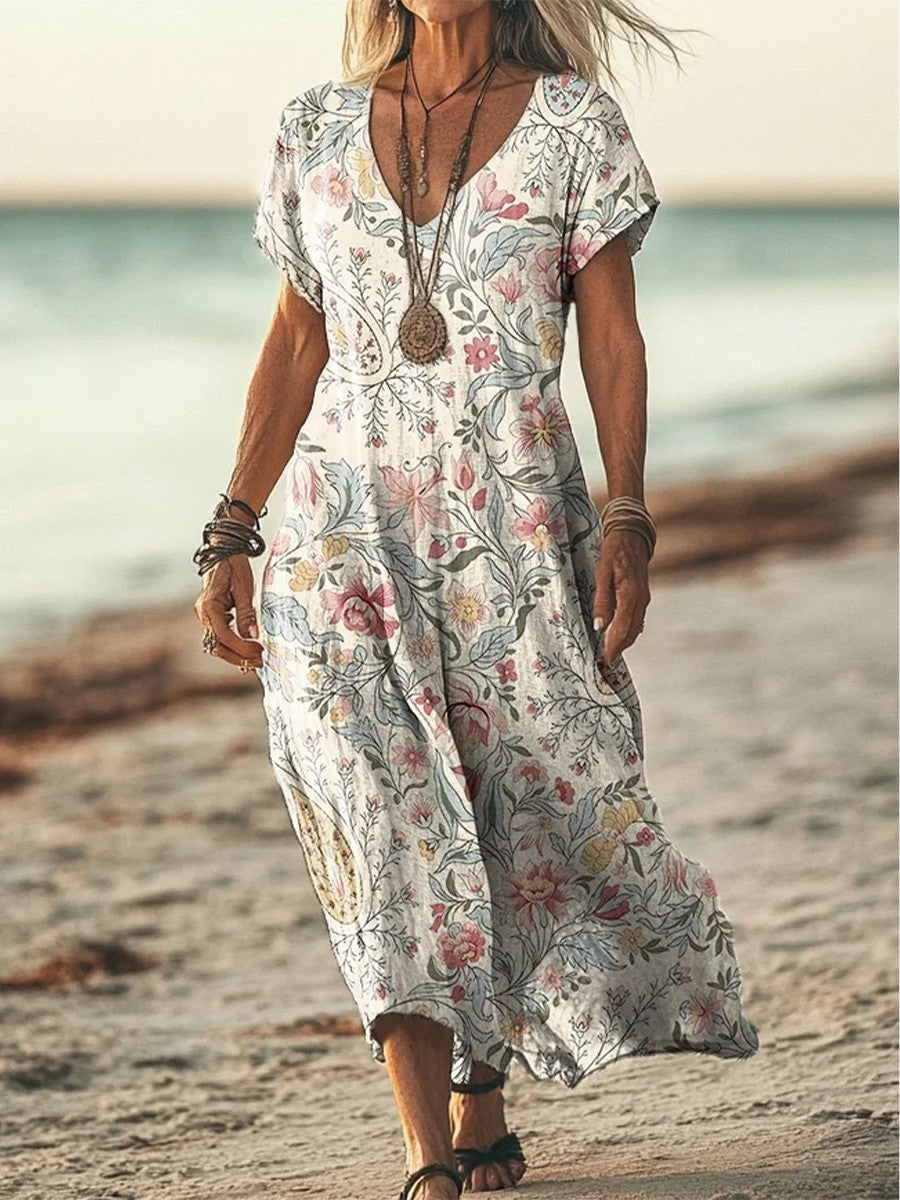 Women's Retro Floral Print Dress with Pockets