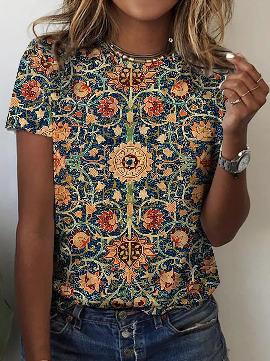 Loose Ethnic Crew Neck Casual T-Shirt