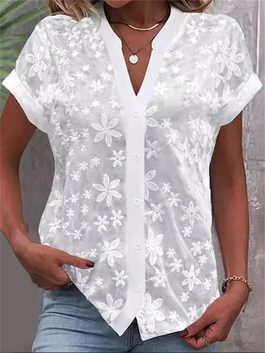 Raglan Sleeve See-Through Embroidered Split-Joint Stand Collar Top