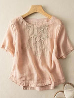 Art Retro Embroidery Short Sleeve Patchwork Shirt