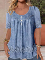 Lace Scoop Neck Short Sleeve Lace Button Tops