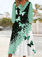 Graphic Printed Lace Long Sleeve V-neck Stitching Midi Dress