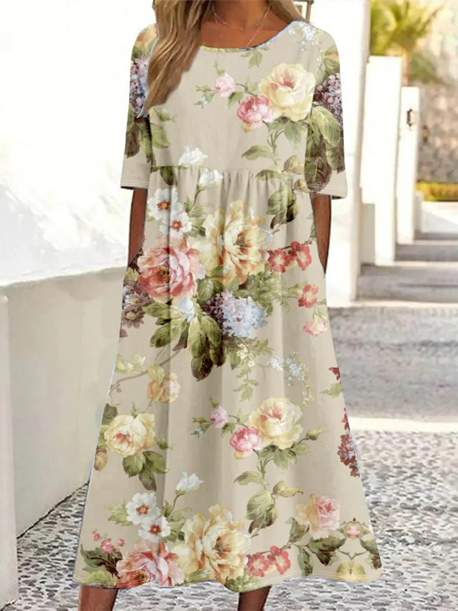 Khaki Round Neck Short Sleeve Comfy Midi Dress