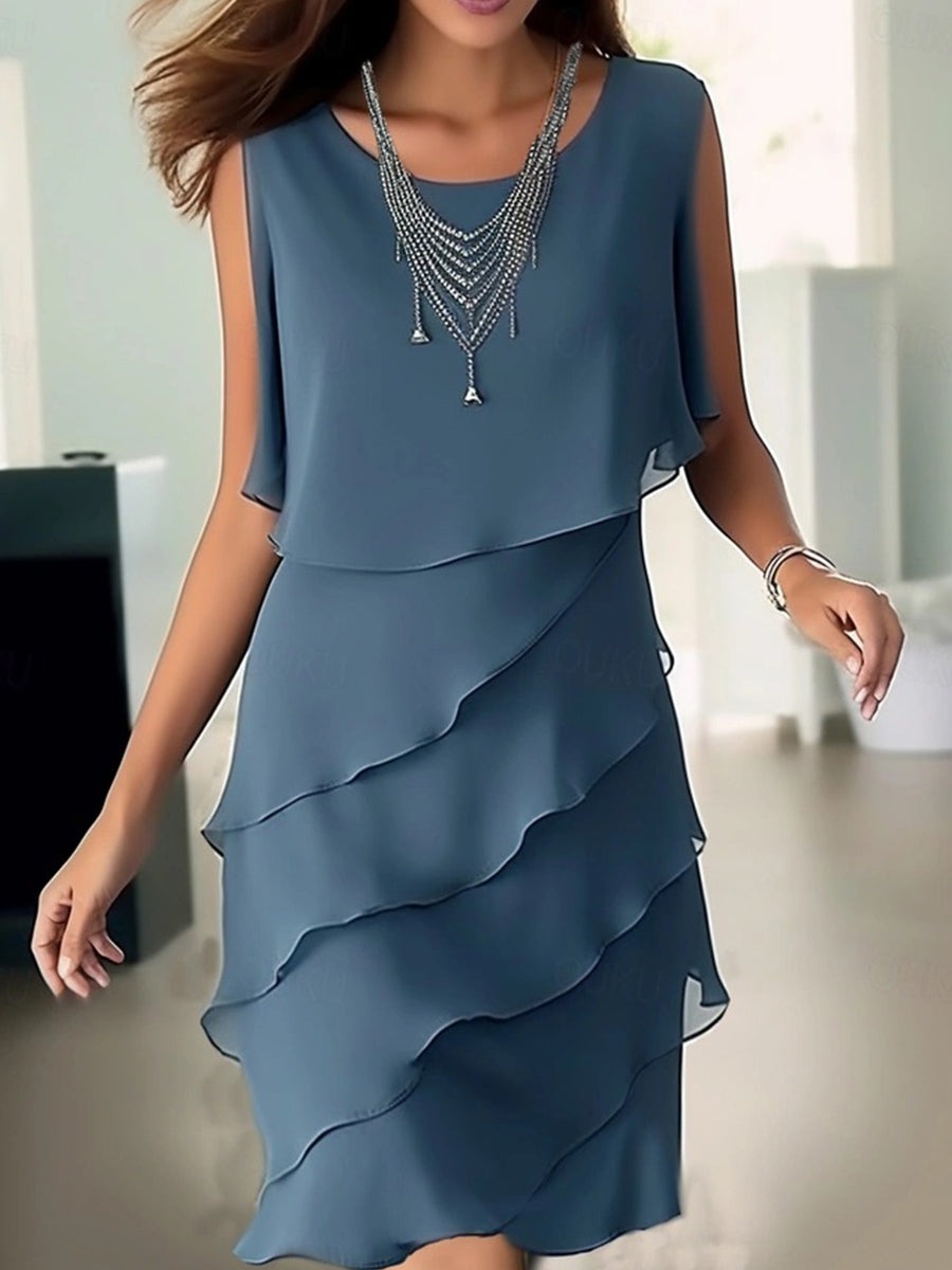 Solid Color Ruffle Crew Neck Sleeveless Dress
