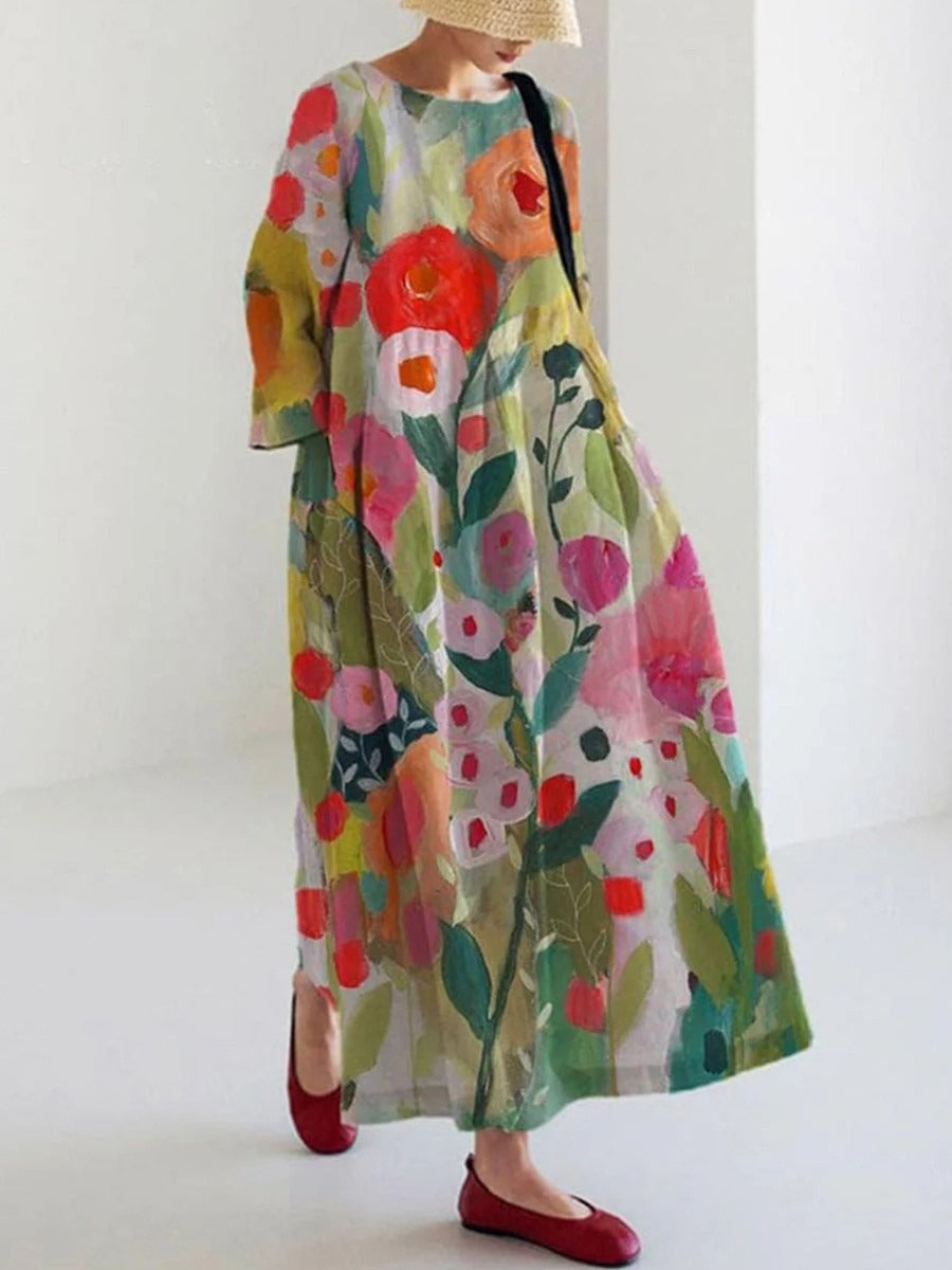 Floral Print Round Neck Long Sleeve Maxi Dress