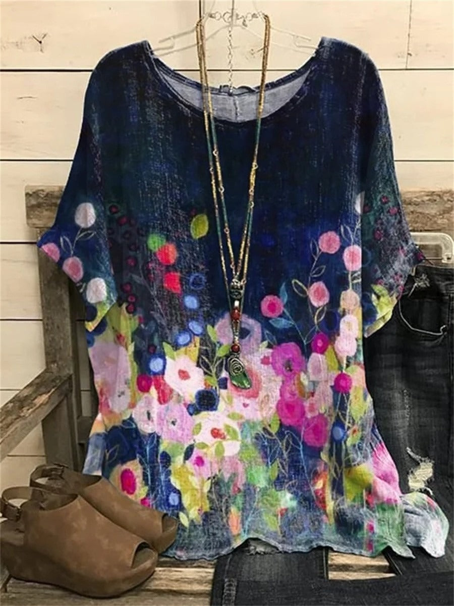 Botanical Floral Round Neck Short Sleeve Casual Shirt